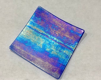 BLUE IRIDESCENT 4.25" Fused Glass Trinket Tray Jewelry Dish B4