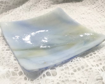 ARIZONA SKY Light Blue & Amber 4.25" Fused Glass Ring Trinket Dish B4