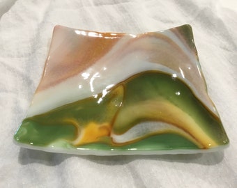 4.25” GREEN ORANGE & YELLOW Streaky Glass Trinket Tray or Jewelry Dish S9