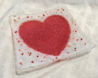 RED LOVE HEART Valentine 4.25" Textured Glass Trinket Ring Dish Jewelry Tray R6