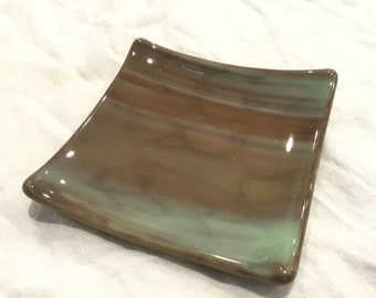 MOTTLED GLASS Brown & Green Fused Glass 4"-4.25" Trinket Dish or Soap Dish Br7
