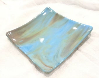 BABY BLUE & Beige 4.25" Fused Glass Trinket Dish B4