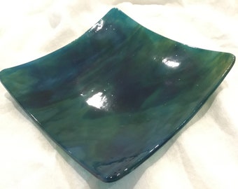 RAINFOREST Amber & BlueGreen  Streaky Fused Glass Soap Spoon Dish L6