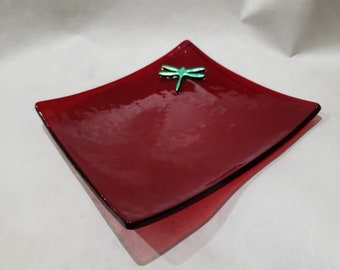 DRAGONFLY Ruby 4.25" Trinket Tray Fused Glass Soap Coin Dish R6