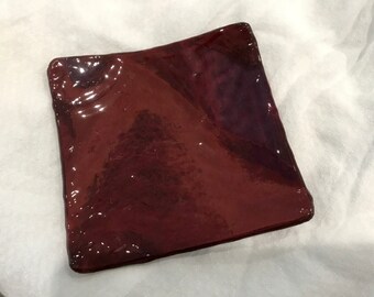 RED CHOCOLATE RIPPLE Translucent Glass Trinket Tray Jewelry Dish R6