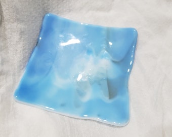 BLUE CLOUD 4.25" Fused Glass Trinket Tray or Soap Dish B4