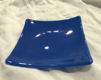 TRINKET DISH Blue Cobalt Fused Glass 4.25" Jewelry Tray or Soap Dish B4