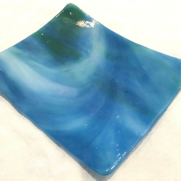 BLUE with WHITE & GREEN Fused Glass Jewelry Trinket Soap Ring Dish L6