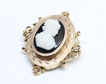 Antique 14k Yellow Gold, Hardstone Agate Cameo - Lovely Lady in Profile Cameo Brooch or Pin