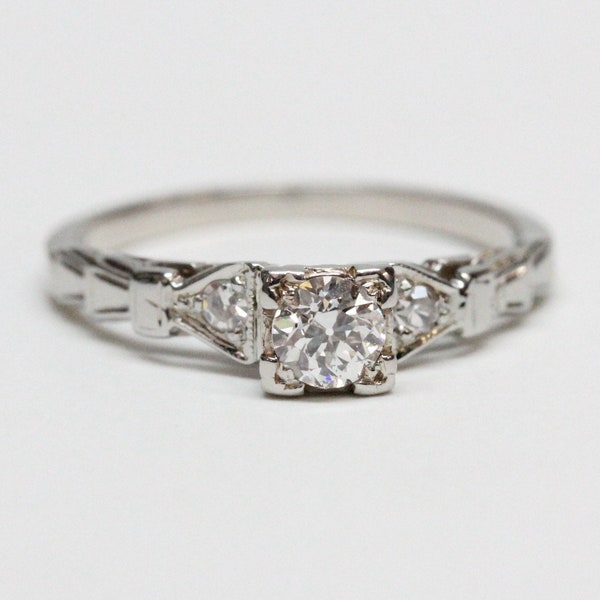 Art Deco 18k/14k White Gold, Diamond Solitaire Ring - Exquisite Vintage Engagement or Promise Ring - Unique Details and Timeless Design