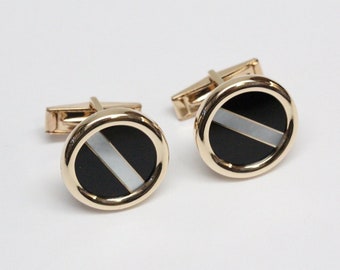 Mid Century 14k Yellow Gold, Onyx, Mother-of-Pearl Cuff Links