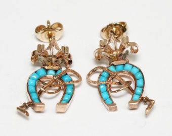 Victorian 14kt Rose Gold, Turquoise Horseshoe and Riding Strop Earrings - Truly Special Old Earrings
