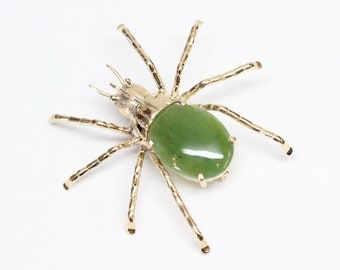 Mid-Century 14k Gold, Nephrite Jade Spider Brooch