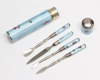 Antique Sterling Silver and Glass Enamel Manicure Set - Four Piece Nail Kit - Lovely Cloisonné Enamel