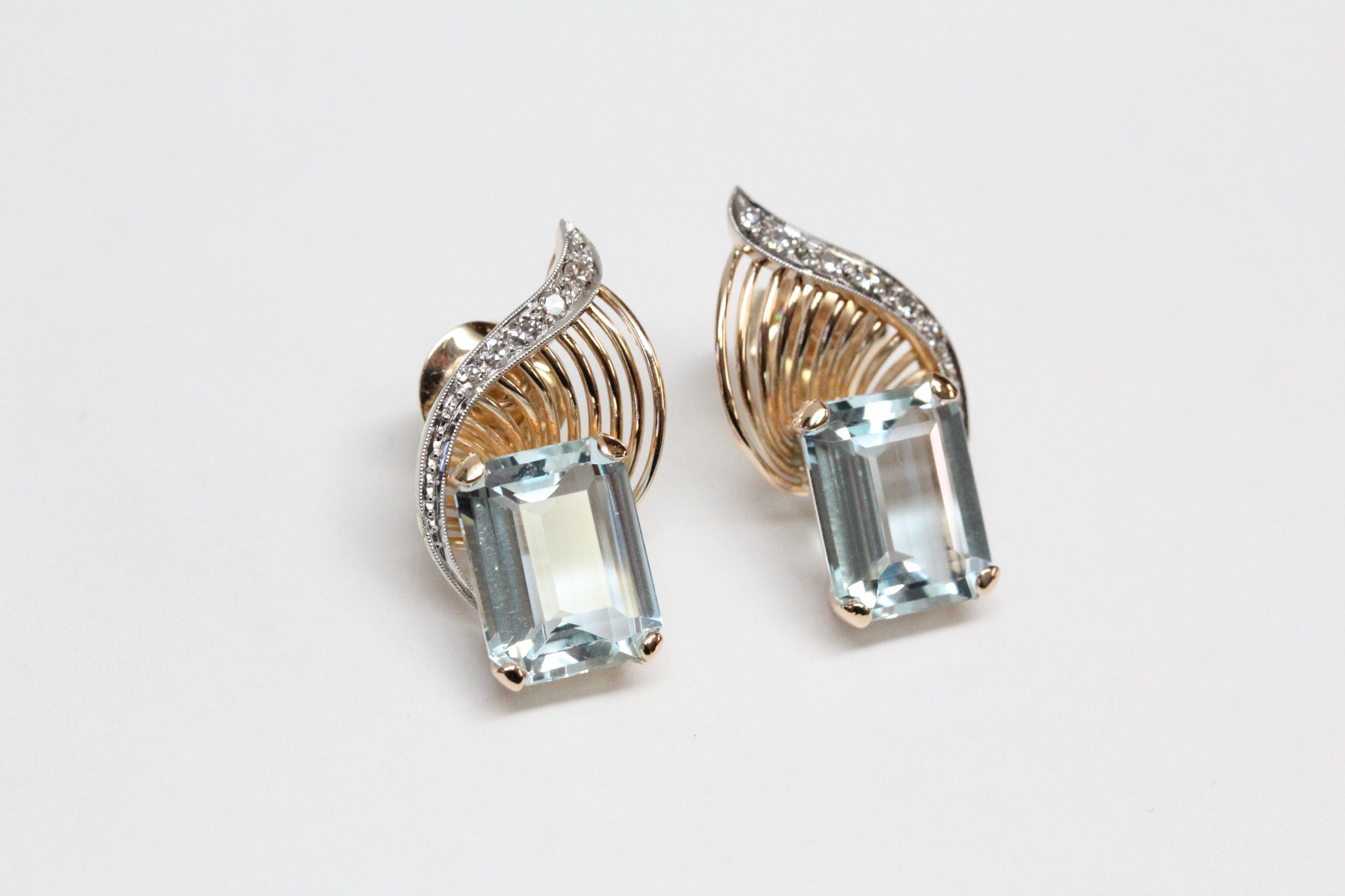 Mid-Century 14k Gold Aquamarine and Diamond Earrings | Etsy