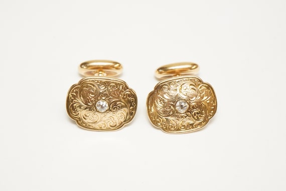 Victorian 14k Gold, Diamond Cuff Links - Old Euro… - image 1