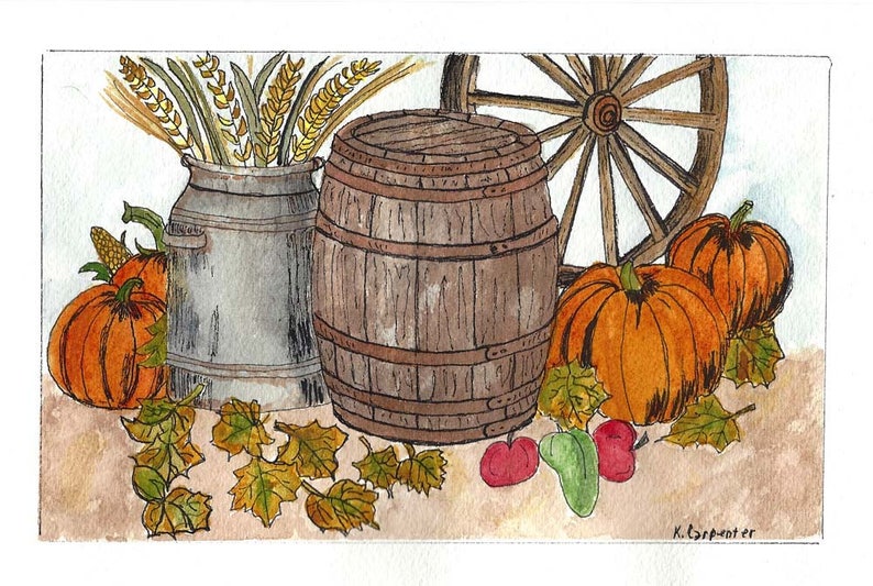 Original Pen and Ink With Watercolor Painting Fall Harvest Scene