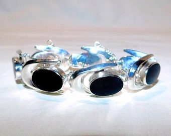 Stunning Vintage Sterling and Black Onyx Bracelet Signed by Artisan - Abstract Style Link Bracelet