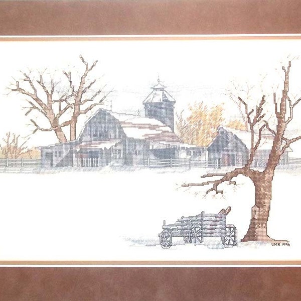 Vintage Cross Stitched Winter Scene of a Barn, Silo, Old Wagon, Already Matted and Ready to Frame