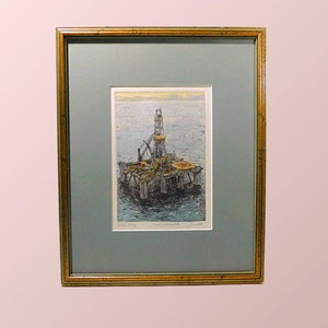 Vintage Matted and Framed Artist Proof Print of Semi-Submersible Drilling Rig - Signed by Artist