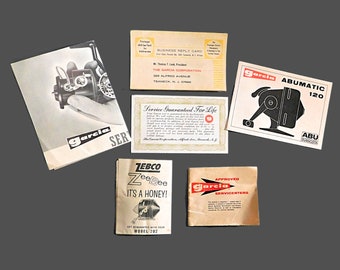 Vintage GARCIA Abumatic 120 & ZEBCO Zee Bee 202 Fishing Reel Ephemera Service Manuals - Warranty Cards