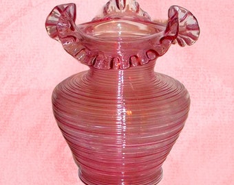 Unusual Rare Vintage Cranberry Colored Threaded Art Glass Vase - Lutz Style Boston Sandwich or Stevens & Williams?