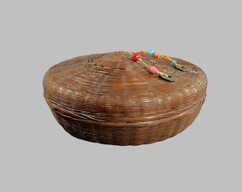Large Antique Hand Woven Round Wicker Sewing Basket with Lid and Glass Beads Decoration