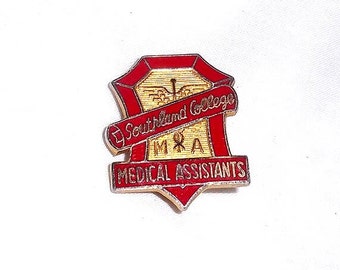 Vintage Southland College Medical Assistants Pin - Red Gold Enamel with Caduceus