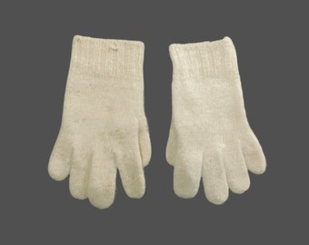 May include: A pair of white knitted gloves with four fingers on each hand.