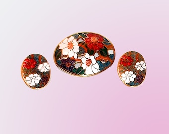 Vintage Cloisonne Style Pin Brooch and Matching Clip on Earrings - Red, White and Blue Flowers with Green/Teal Leaves