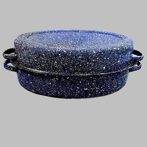 May include: A blue enamel roasting pan with a speckled white pattern. The pan has a lid and two handles. This cookware is suitable for baking and roasting.
