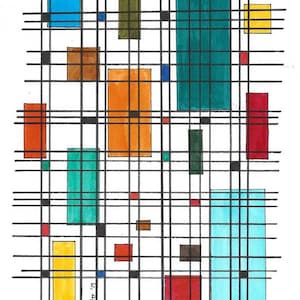 Original Mid Century Atomic Style Ink and Watercolor Art in Vivid Primary Colors 7&quot; x 10&quot;
