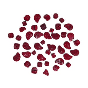 Lot of 42 Very Rare and Antique early 1900&#39;s  Pressed Glass Czech Beads in Shapes of Leaves and Flowers - Deep Maroon Red