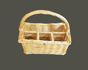 Vintage Hand Woven Wicker or Rattan Flatware Silverware or Utensil Caddy With Handle - Divided Cutlery Holder