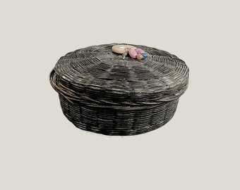 Small Antique Hand Woven Round Wicker Sewing Basket with Lid and Glass Beads Decoration - Lined & Padded with Antique Silk