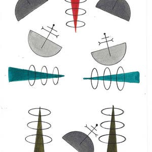 Original Mid Century Atomic Style Ink and Watercolor Art in Vivid  Colors 6&quot; x 9&quot;