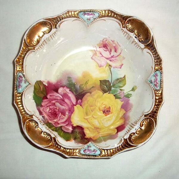 Antique Porcelain Master Berry Bowl with Roses Design,  Lavish Gold Decoration and Blown Out Mold Designs