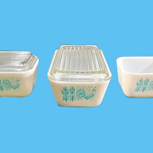 Vintage Set of Pyrex Turquoise Amish Butterprint Refrigerator Set - Two 501 and One 502