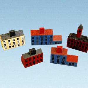 Set of 5 Vintage Wooden Primitive Colonial Style Houses - Primitive Salt Box House - Miniature Colonial Wooden House Village - Folk Art