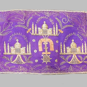 Exquisite Vintage Hand Embroidered Taj Mahal India Dresser Scarf Table Runner Metallic Threads, Silver Bullion, Silver Coiled Tubes