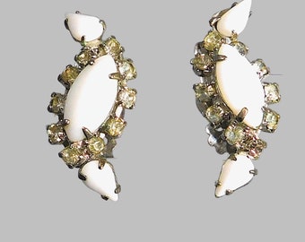 Pair of Vintage Retro White MILK GLASS & Rhinestone Clip Style Earrings  from 1950's Free Shipping