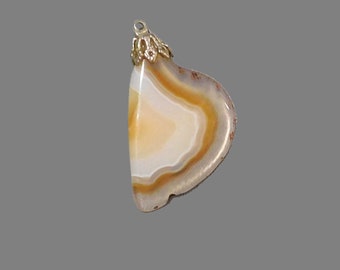 Vintage Banded Agate Slab Pendant in Beautiful Colors of Gold and Tan