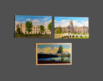 3 Vintage Linen Postcards from Wyoming - Cheyenne & Grand Teton National Park