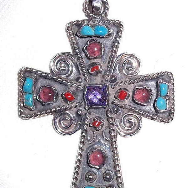 Large Mexico Sterling Silver Cross Pendant with Turquoise, Coral and more