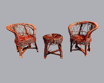 Vintage Miniature Wicker Rattan Doll Furniture Set - Set 3 Patio Doll House Furniture Chairs Stool Lot - 2 Chairs and 1 Stool