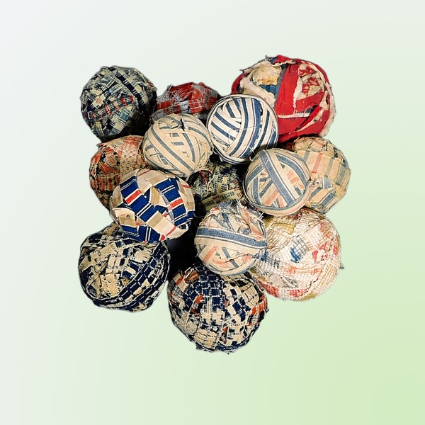 Large Lot of 14 Antique Rag Scrap Balls - 6 From 1800's Antique Jacquard Coverlet - Shades of Blue and Red