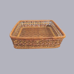 Vintage Hand Woven Wicker Rattan and Bamboo Rectangular Serving Tray Natural Fibers  - 12 x 16 Inches