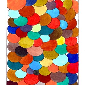 Original Mid Century Atomic Style Ink and Watercolor Art - Multi Colored Circles and Spheres  6&quot; x 9&quot;