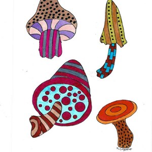 Original Handpainted Mid Century Minimalist Style Watercolor Painting - Psychedelic Mushroom - Fungi in Bright Colors