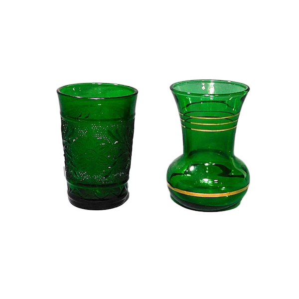 Lot of 2 Vintage Forest Green 1940's - 1950's Anchor Hocking Glassware - Sandwich Pattern Juice Glass  & Small Green Vase with Gold Trim